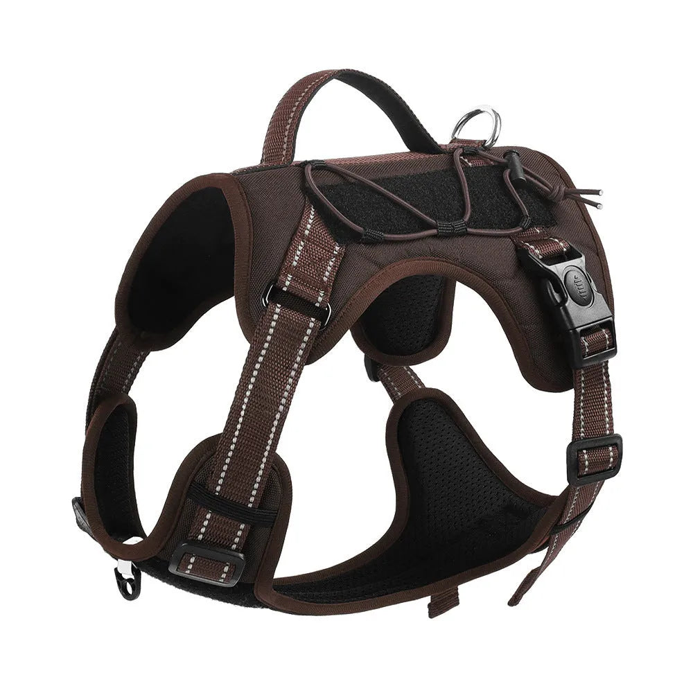Orange reflective dog harness with black hand-holding rope shown on a dog.