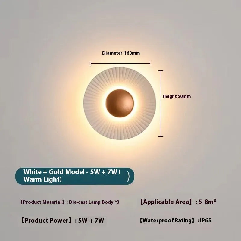 Round aluminium wall lamp with white and gold colour combinations for bedroom or living room