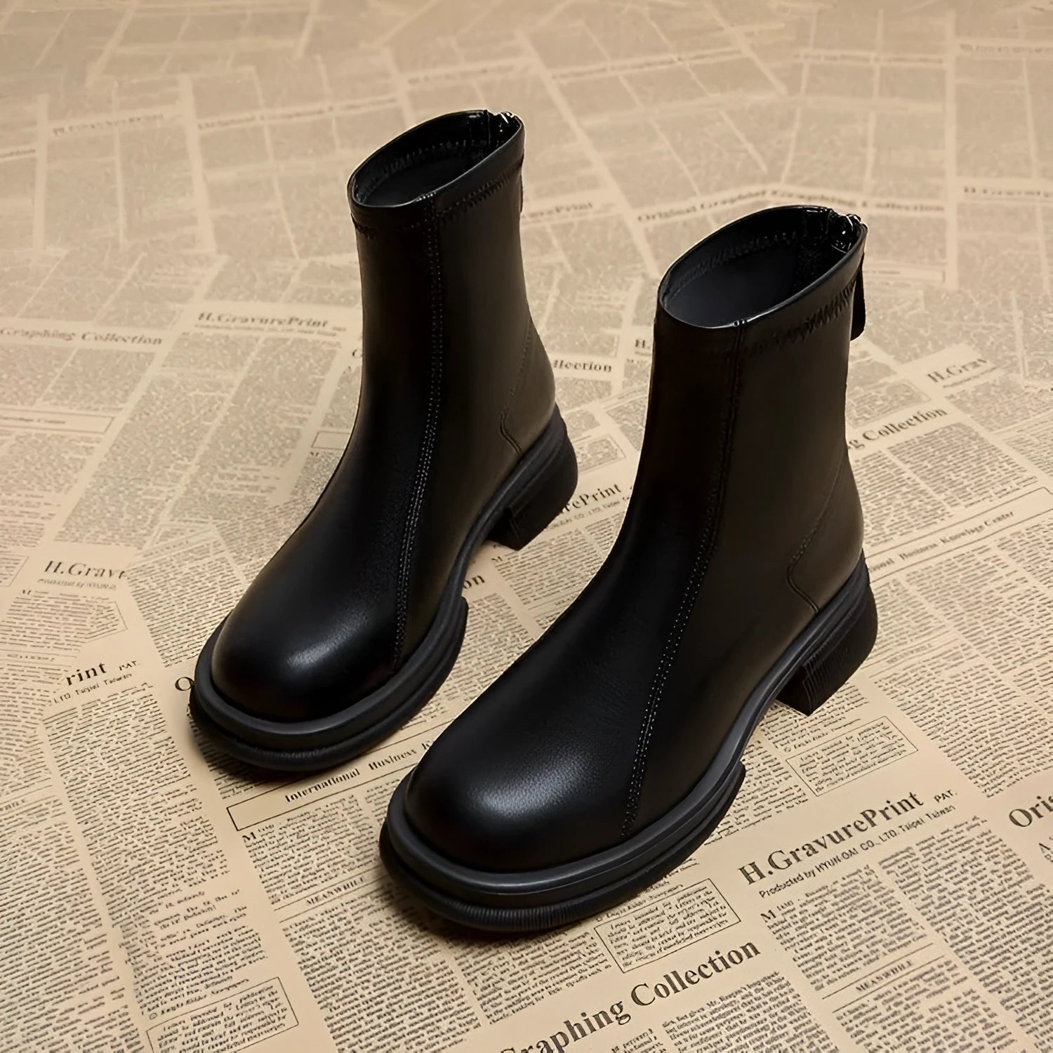 Women's black ankle boot with round toe, thick flat heel, and rear zipper on a rubber sole.