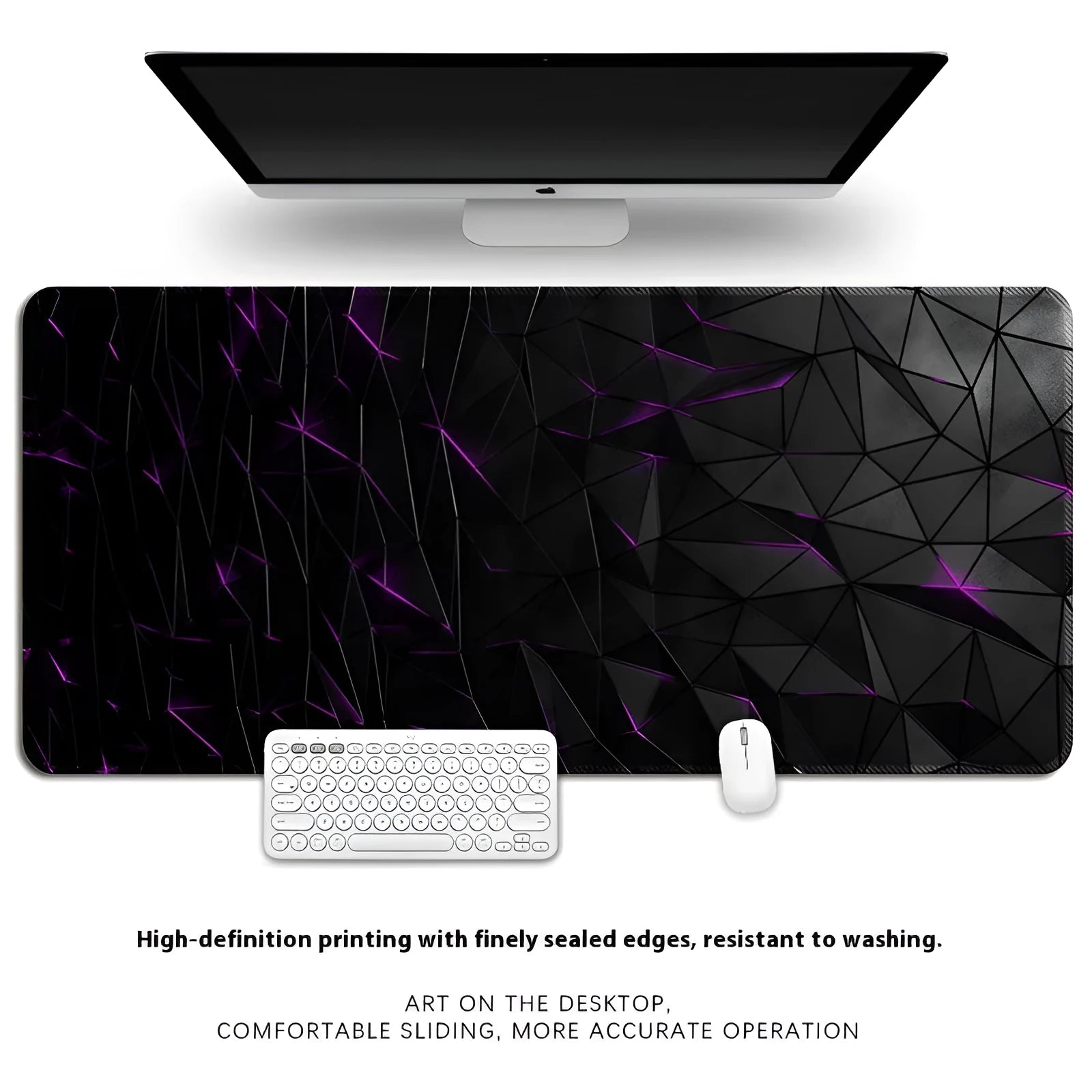 Thickened overlock natural rubber computer desk mat with thermal transfer pattern, shown on a desk with keyboard and mouse.