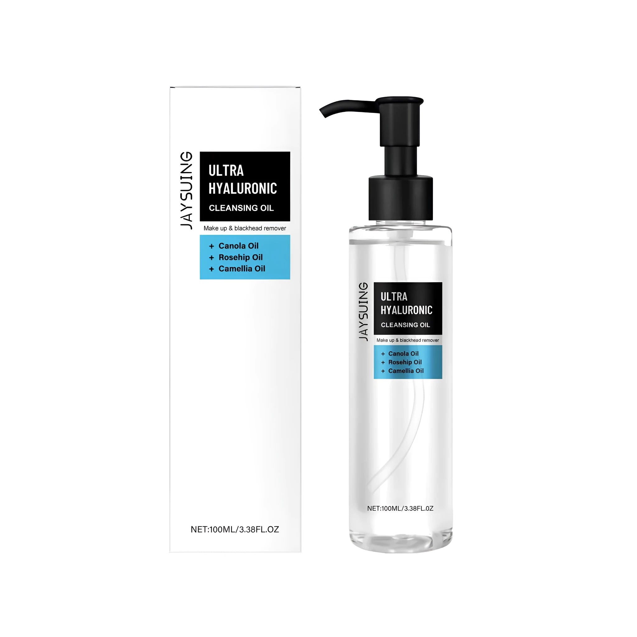 100ml bottle of Hyaluronic Acid Makeup Remover Oil with rose hip and camellia seed oils.