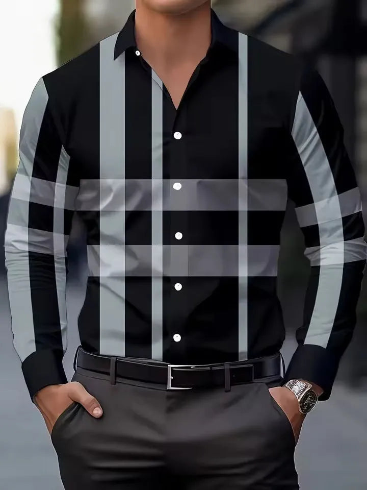 Men's printed long sleeve button-up shirt with lapel collar and striped pattern in polyester fabric
