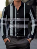 Men's printed long sleeve button-up shirt with lapel collar and striped pattern in polyester fabric