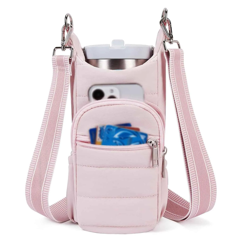 Cloth cycling water bottle bag in beige colour positioned on bicycle frame