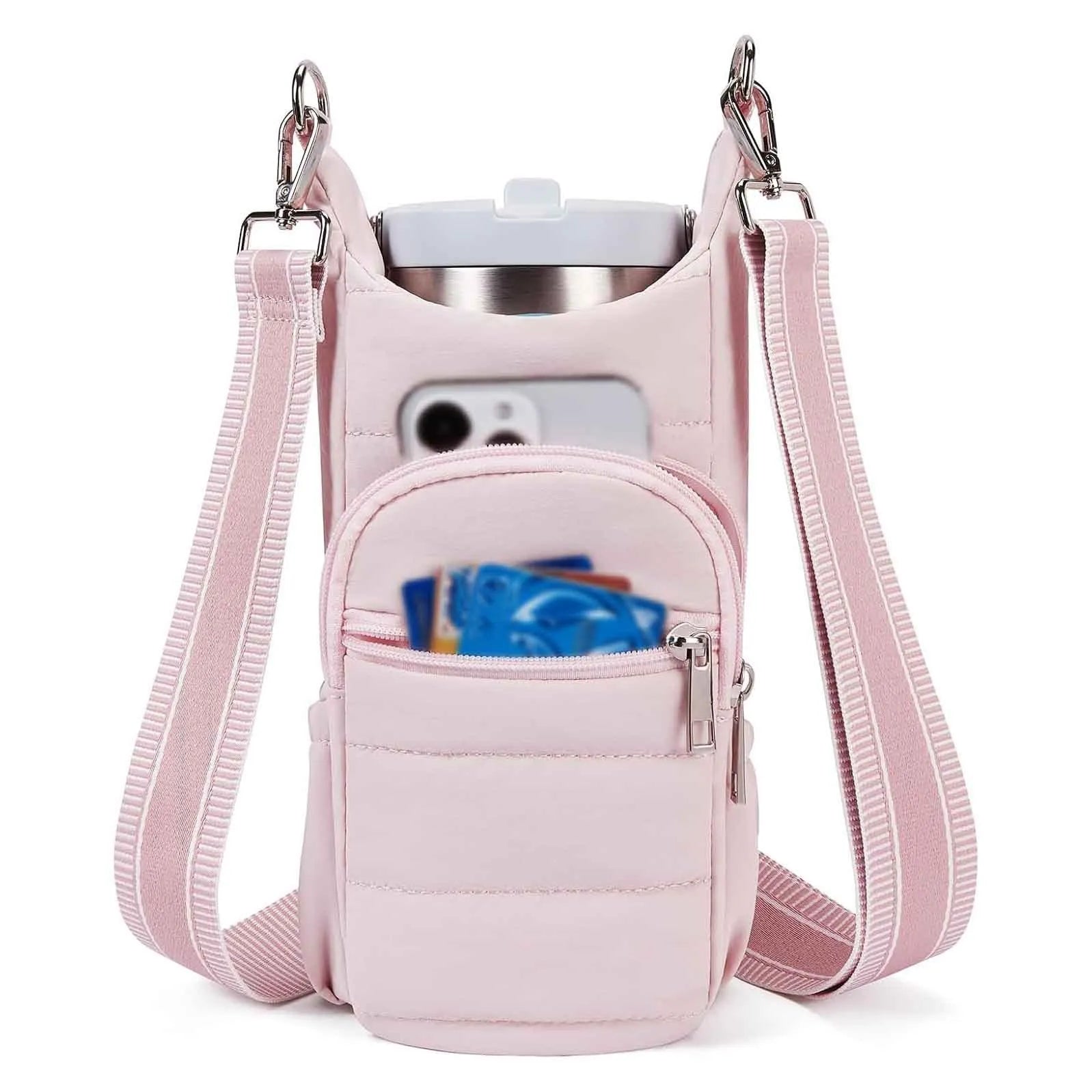 Cloth cycling water bottle bag in beige colour positioned on bicycle frame