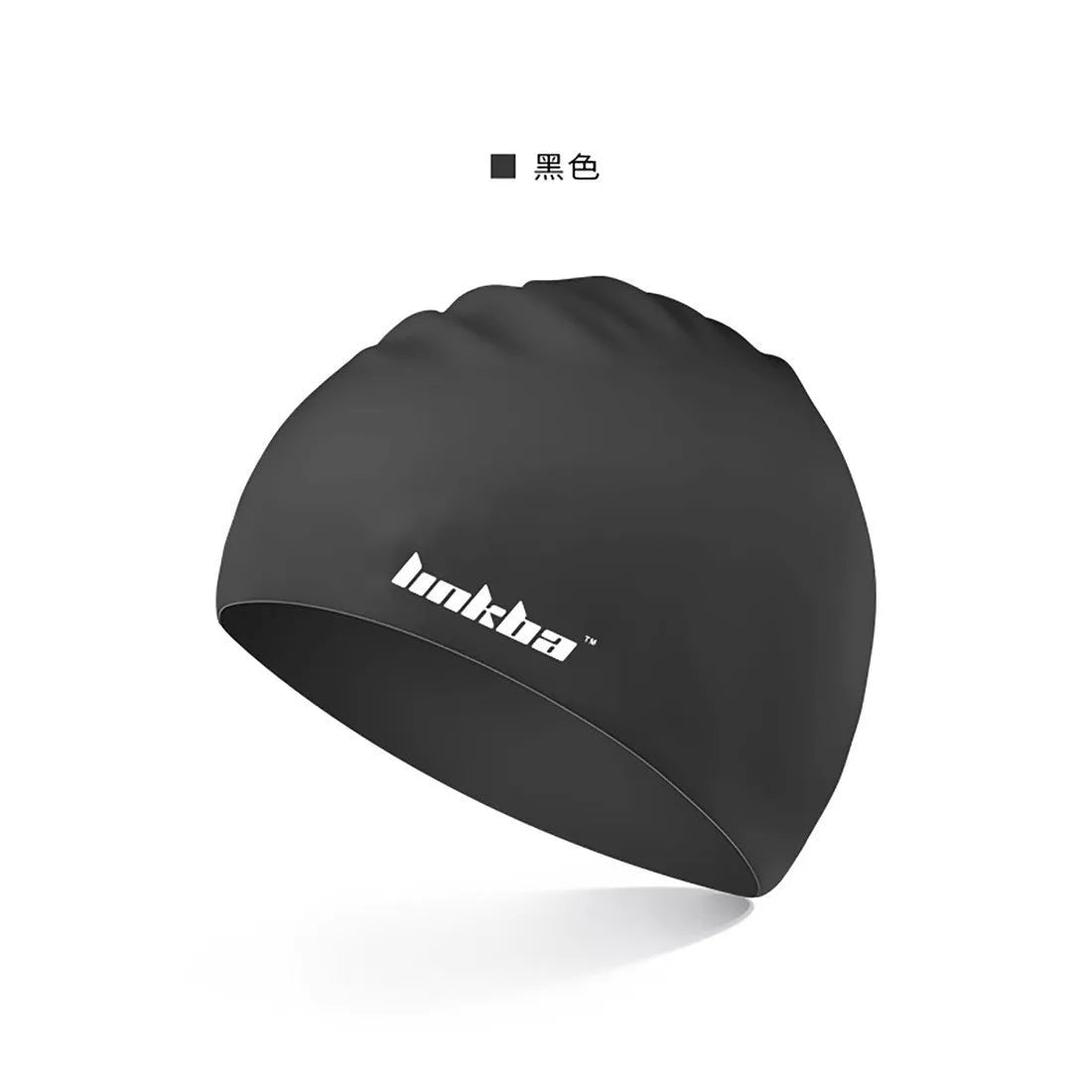 Silicone swimming cap with earmuff design and printed letters, shown in one of five colours: black, white, yellow, blue, or grey.