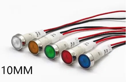 10mm stainless steel edge plastic indicator light with wire flat end connector in multiple colours.