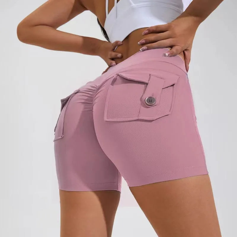 Women's high-waisted hip lifting shorts with pockets in quick-dry nylon fabric