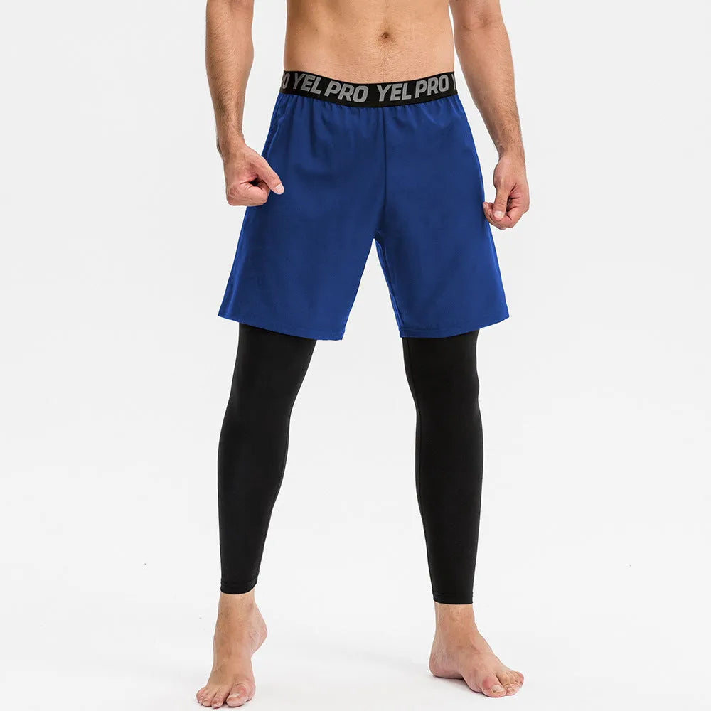 Man wearing grey high elastic tight pants for fitness training.