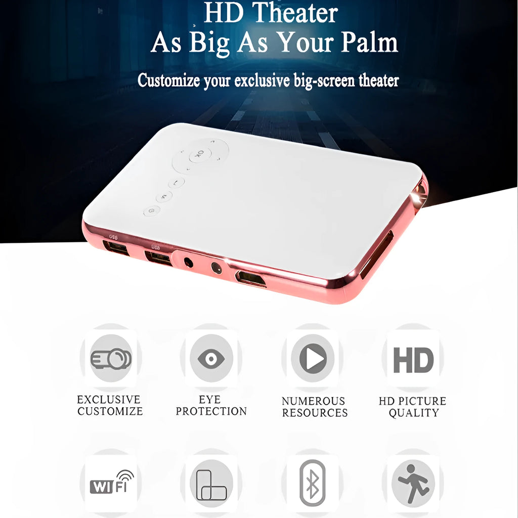 M6S miniature white and rose gold Android projector showing compact 145mm size with smartphone connectivity