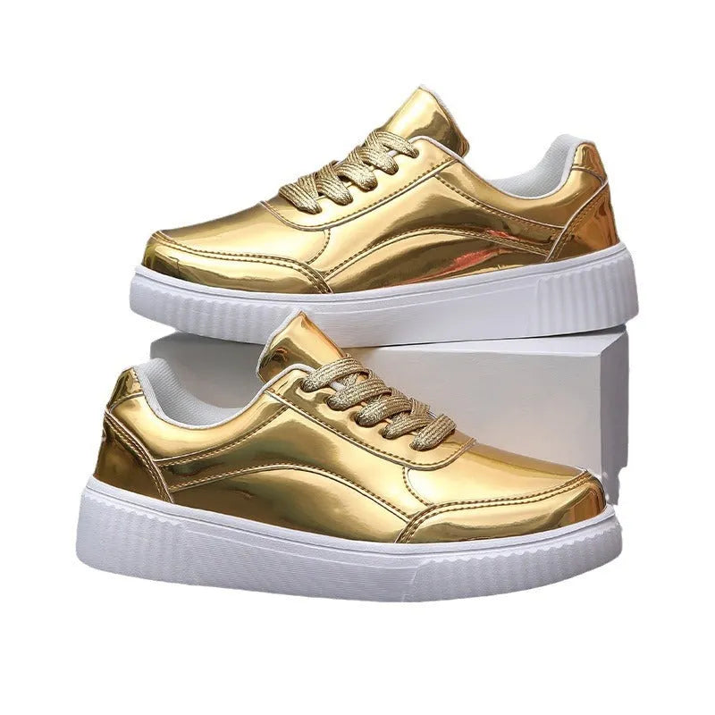 Rose gold platform sneaker with sequin details and a thick, light-coloured sole.