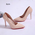 Women's solid colour stiletto heel pumps with pointed toe and shallow mouth design on a rubber sole.