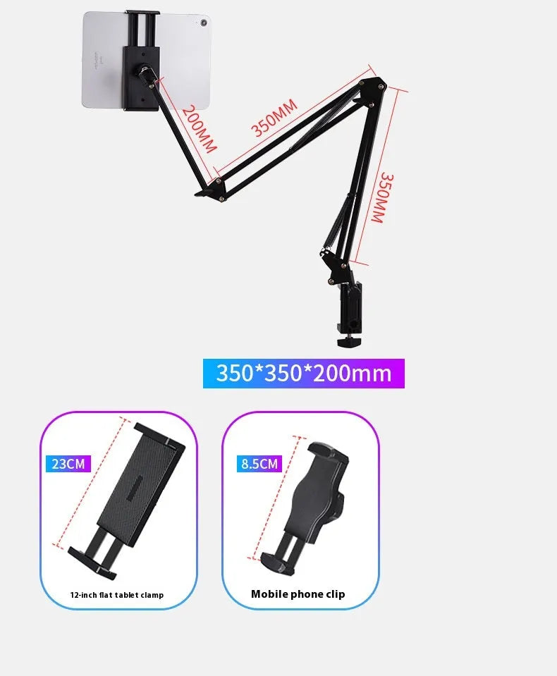 Black metal desktop cantilever bracket holding tablet with adjustable arms and folding mechanism
