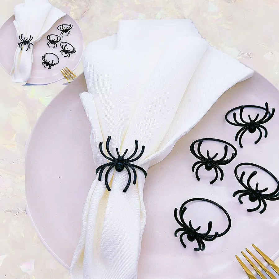 Six black spider alloy napkin rings for Halloween table decoration with electroplated finish