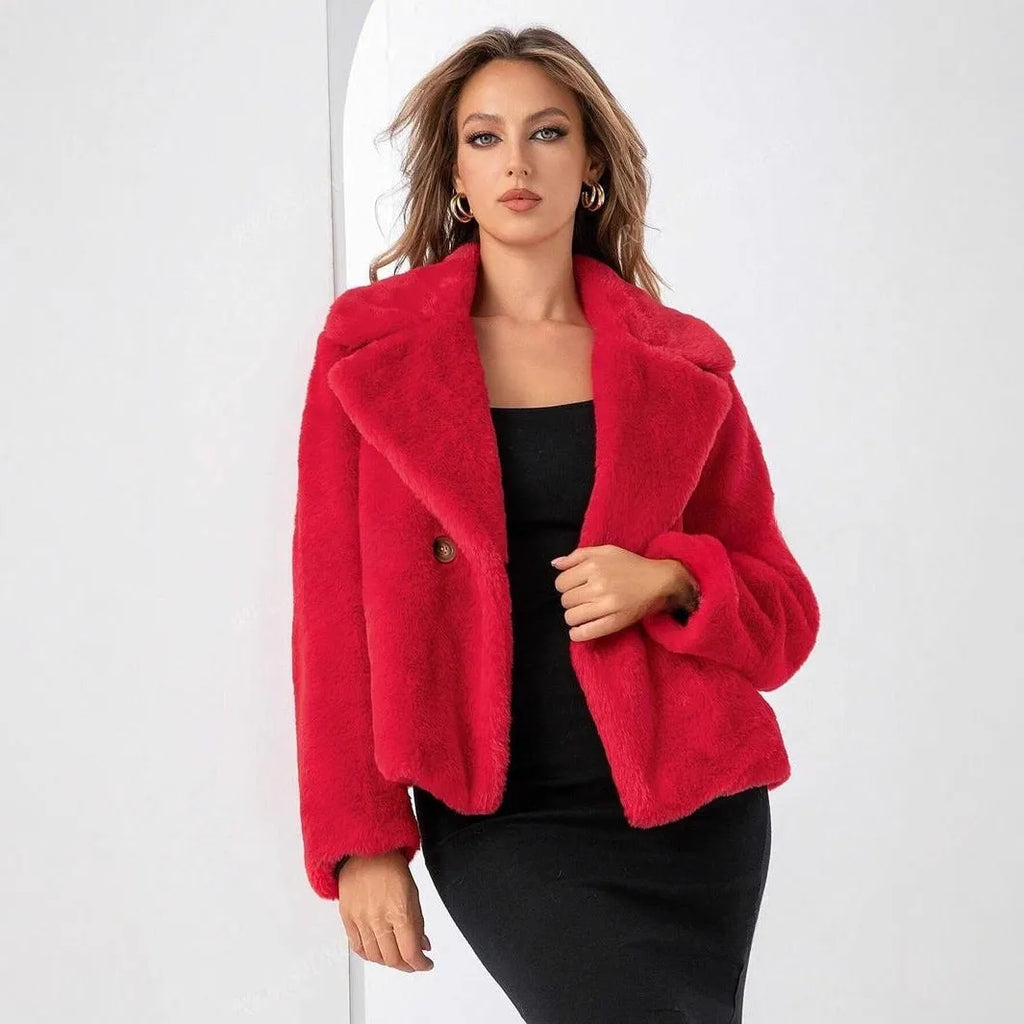 Women's short loose faux fur coat in rose red colour with regular sleeves