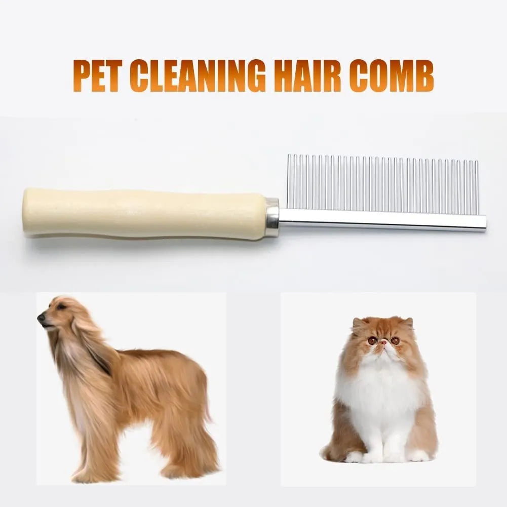 Wooden handled pet grooming comb with round-tipped teeth, shown next to a dog.